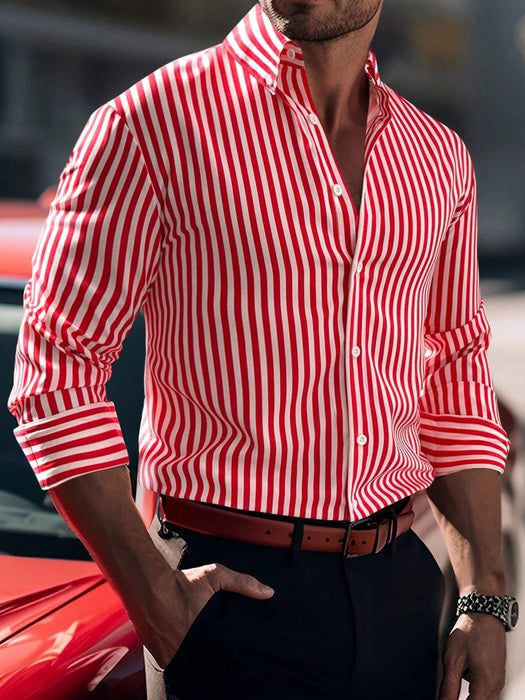 Shein Manfinity Mode Camisa de manga larga con cuello abotonado y estampado de rayas para hombre