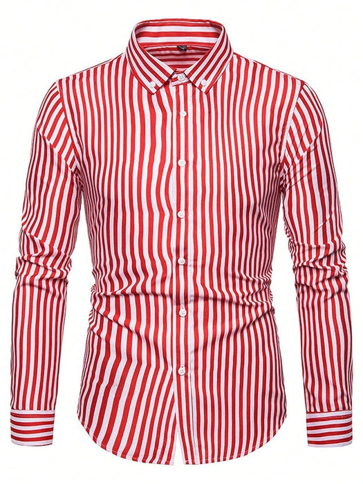 Shein Manfinity Mode Camisa de manga larga con cuello abotonado y estampado de rayas para hombre