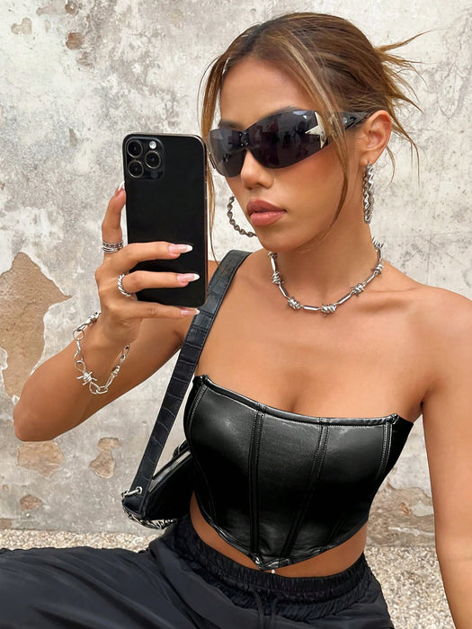 SHEIN ICON Top negro de tubo de piel sintética con bajo asimétrico