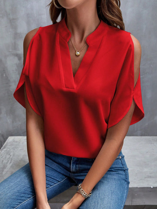 SHEIN Clasi Camisa casual de verano vintage para mujer, cuello en V con muescas y diseño con aberturas en los hombros
