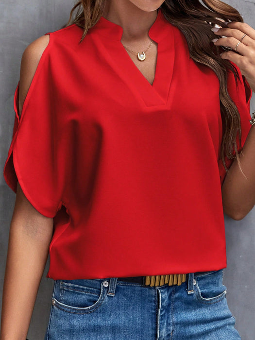 SHEIN Clasi Camisa casual de verano vintage para mujer, cuello en V con muescas y diseño con aberturas en los hombros