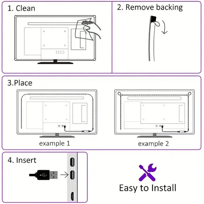 Shein 1 tira de luces LED RGB de 2m para TV y fondo de ordenador con fuente de alimentación USB de 5 V y control de 3 botones (sin mando a distancia)