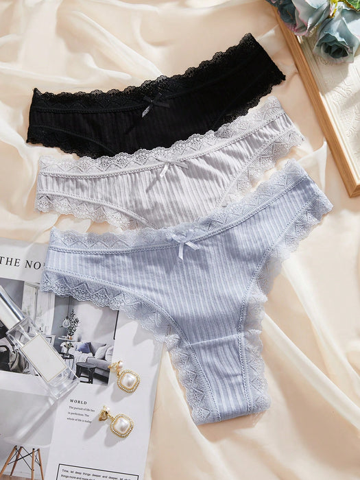 SHEIN 3 paquetes Tanga sexy de lencería con lazo frontal y adorno de encaje