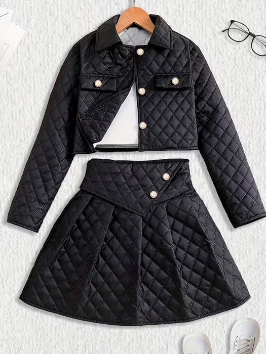 Conjunto de chaqueta corta de moda con botones y minifalda acolchado para niña