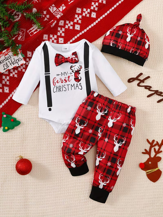 Conjunto de camiseta manga larga, gorro y pantalón con estampado festivo para niños