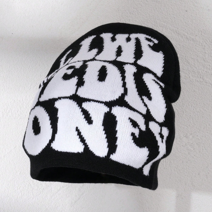 1 Pieza Gorro Unisex Negro Y Blanco Con Estampado De Dibujos Animados Con Letreros