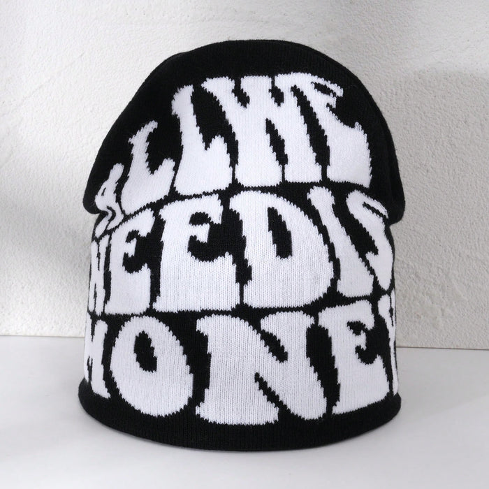 1 Pieza Gorro Unisex Negro Y Blanco Con Estampado De Dibujos Animados Con Letreros