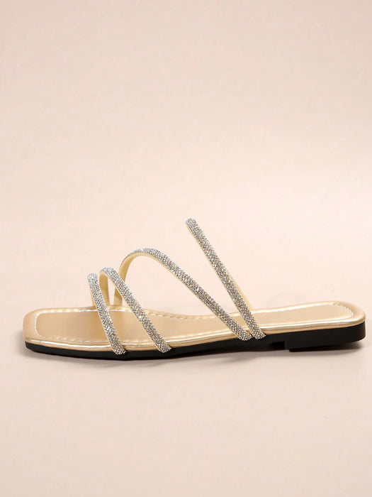 SHEIN Sandalias planas de mujer con tira de pedrería, versátiles