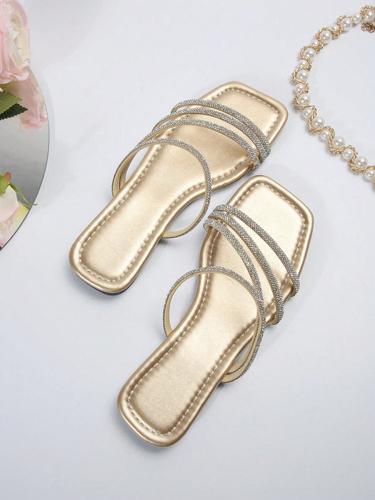 SHEIN Sandalias planas de mujer con tira de pedrería, versátiles
