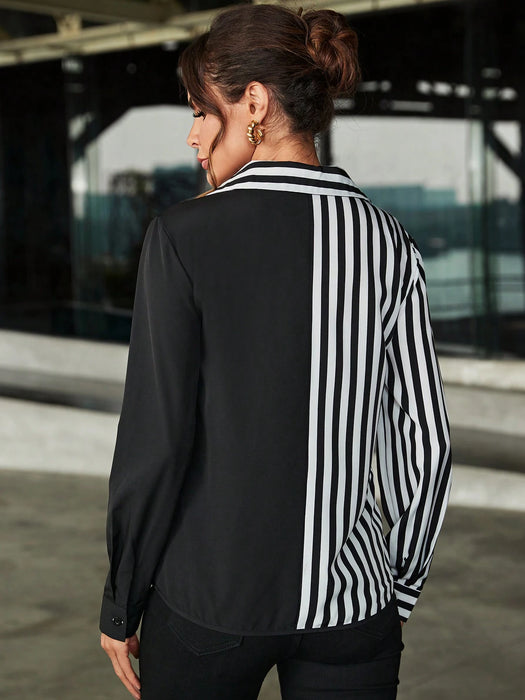 SHEIN LUNE Camisa de manga larga con retazos a rayas de manga larga para mujer