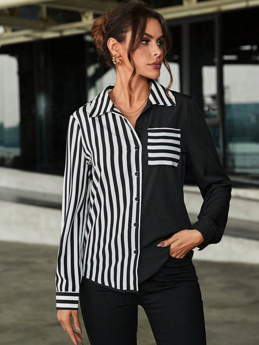 SHEIN LUNE Camisa de manga larga con retazos a rayas de manga larga para mujer