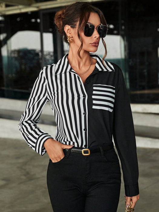 SHEIN LUNE Camisa de manga larga con retazos a rayas de manga larga para mujer