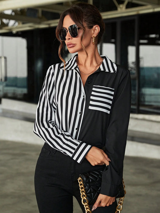 SHEIN LUNE Camisa de manga larga con retazos a rayas de manga larga para mujer