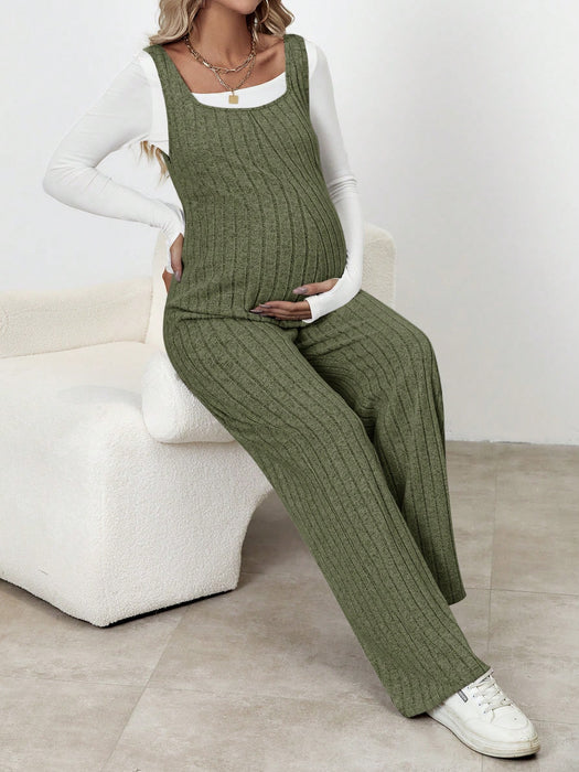 SHEIN Mono Premamá De Pierna Ancha De Canalé De Color Liso