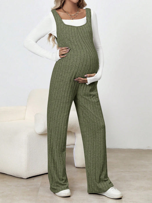 SHEIN Mono Premamá De Pierna Ancha De Canalé De Color Liso
