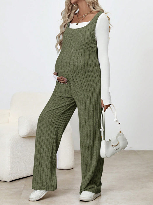 SHEIN Mono Premamá De Pierna Ancha De Canalé De Color Liso