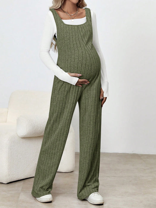 SHEIN Mono Premamá De Pierna Ancha De Canalé De Color Liso