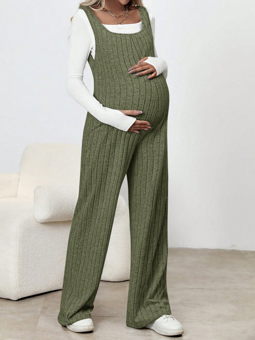 SHEIN Mono Premamá De Pierna Ancha De Canalé De Color Liso