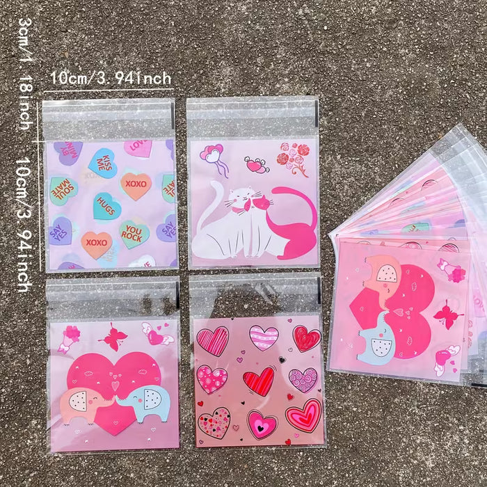 100pcs Bolsas autoadhesivas de plástico rosa de corazón romántico