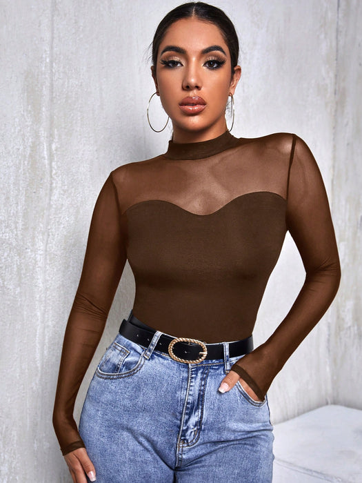 Shein Firerie Camiseta de manga larga marrón oscuro con canesú de malla para mujer