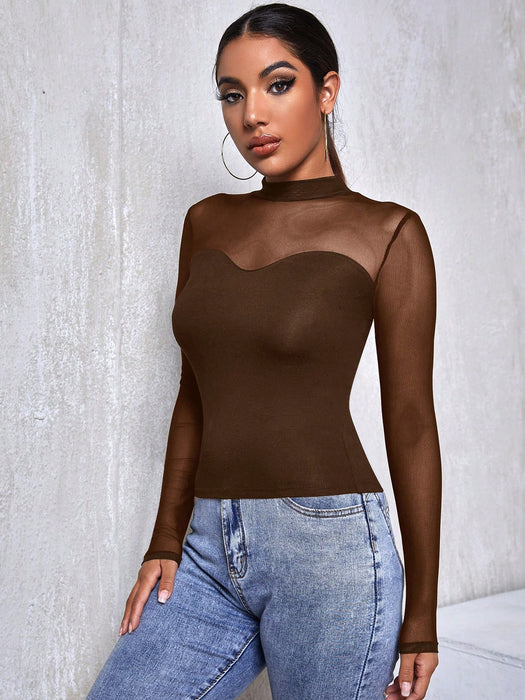 Shein Firerie Camiseta de manga larga marrón oscuro con canesú de malla para mujer
