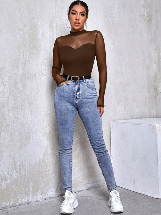 Shein Firerie Camiseta de manga larga marrón oscuro con canesú de malla para mujer