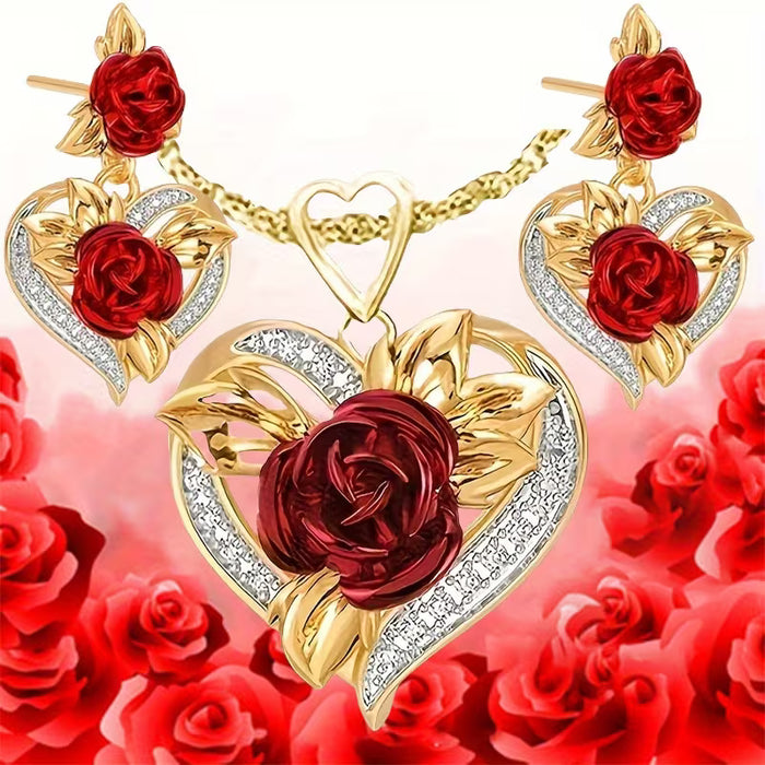 Set de 3 Joyas Románticas de Moda que Incluyen Collar con Colgante de Flor de Rosa y Aretes