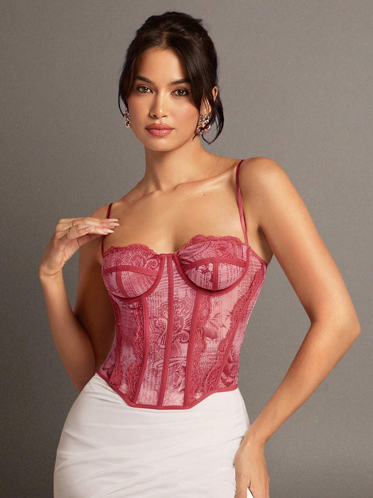 Shein Silquee Corsé de encaje con estampado gráfico rojo para mujer
