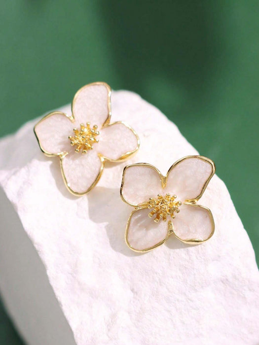 Shein 1 par de pendientes de flor de hibisco y gota de agua con flor blanca esmaltada