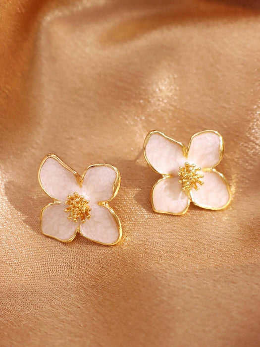 Shein 1 par de pendientes de flor de hibisco y gota de agua con flor blanca esmaltada