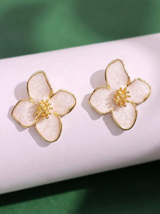 Shein 1 par de pendientes de flor de hibisco y gota de agua con flor blanca esmaltada