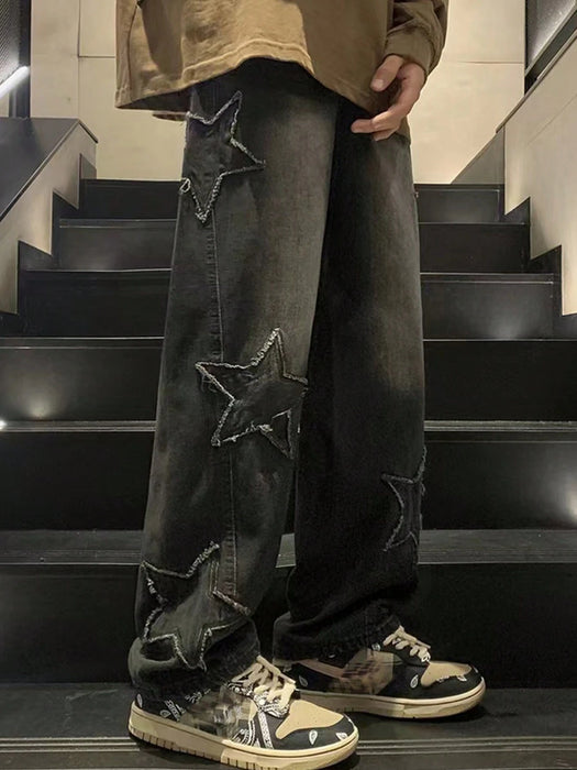 Shein Pantalones vaqueros rectos holgados con flecos y estampado de estrellas