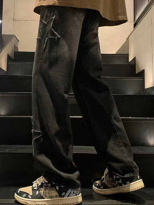 Shein Pantalones vaqueros rectos holgados con flecos y estampado de estrellas