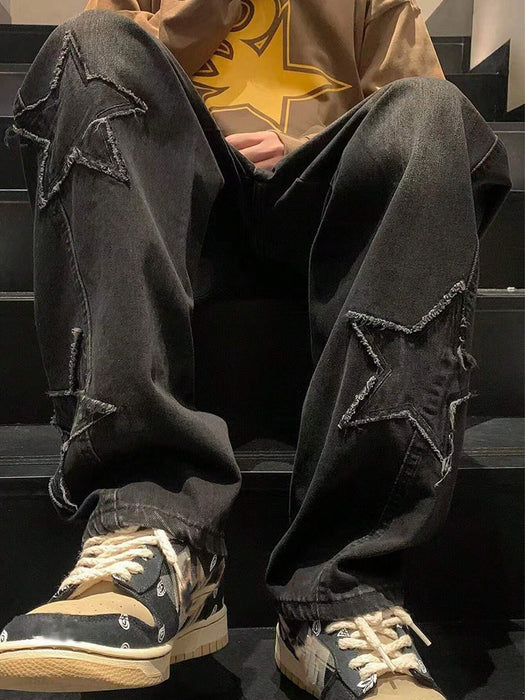 Shein Pantalones vaqueros rectos holgados con flecos y estampado de estrellas