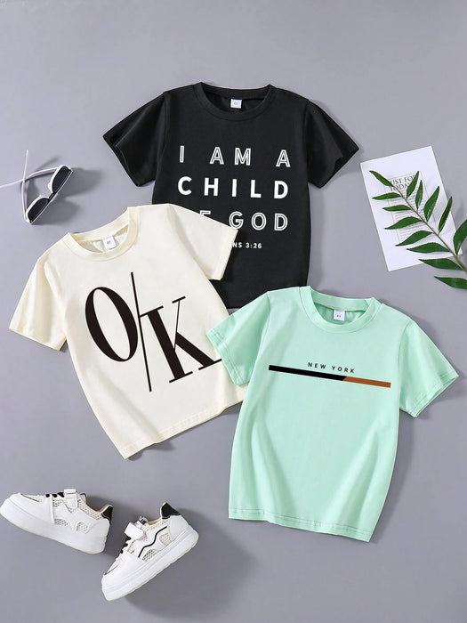 Shein Conjunto de 3 camisetas de manga corta con estampado de letras para niño