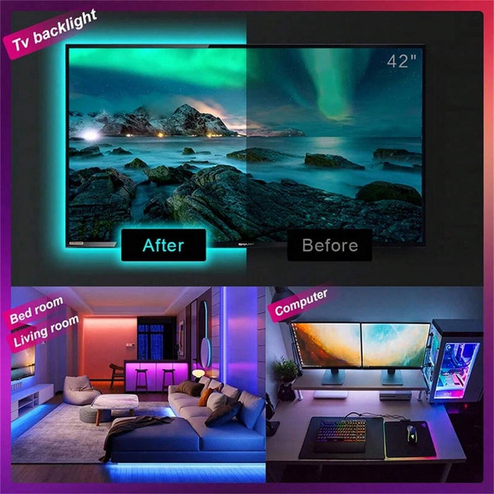 Shein 1 tira de luces LED RGB de 2m para TV y fondo de ordenador con fuente de alimentación USB de 5 V y control de 3 botones (sin mando a distancia)