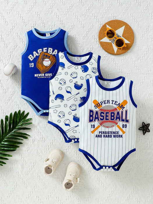 SHEIN Playful Pals Baby Boy Conjunto de 3 piezas casual deportivo de béisbol con estampado gráfico de eslogan sin mangas