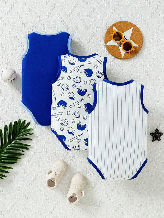 SHEIN Playful Pals Baby Boy Conjunto de 3 piezas casual deportivo de béisbol con estampado gráfico de eslogan sin mangas