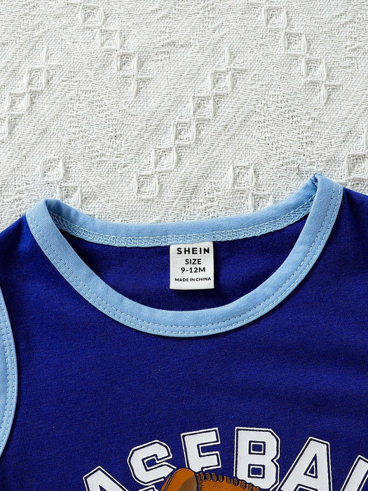 SHEIN Playful Pals Baby Boy Conjunto de 3 piezas casual deportivo de béisbol con estampado gráfico de eslogan sin mangas