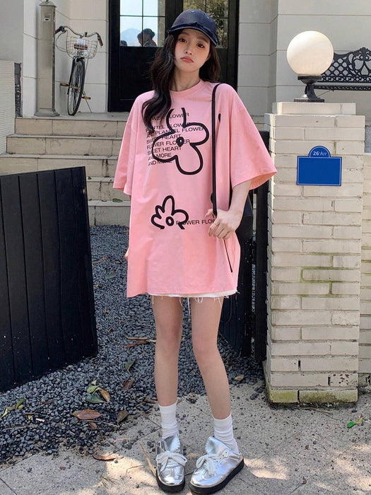 SHEIN DAZY Camiseta de manga corta con hombros caídos, estampado de flores