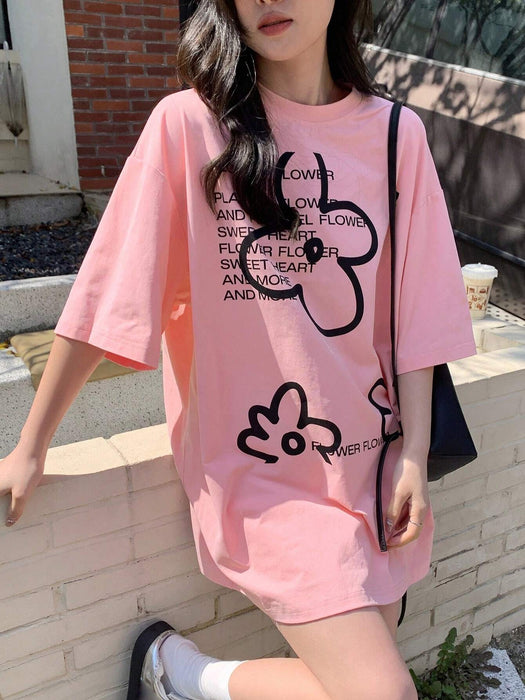 SHEIN DAZY Camiseta de manga corta con hombros caídos, estampado de flores
