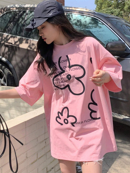 SHEIN DAZY Camiseta de manga corta con hombros caídos, estampado de flores
