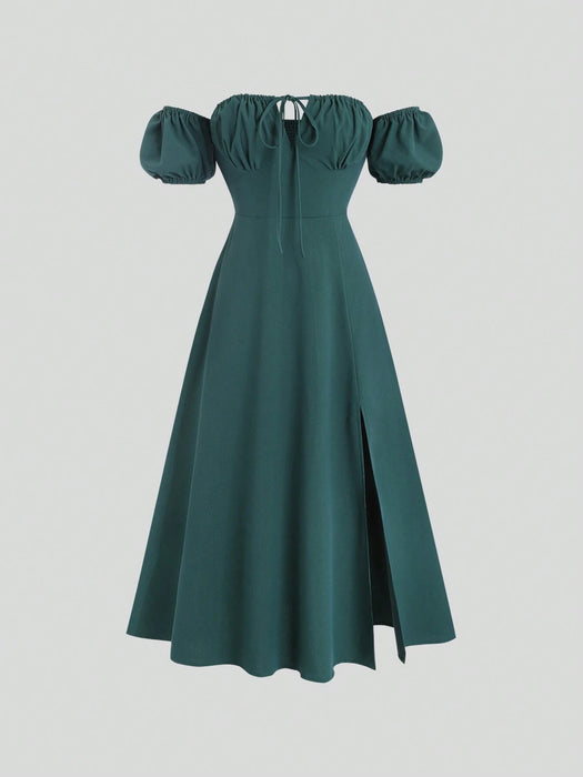 Shein Vestido largo de verano Sweetra de color liso con hombros descubiertos y abertura alta