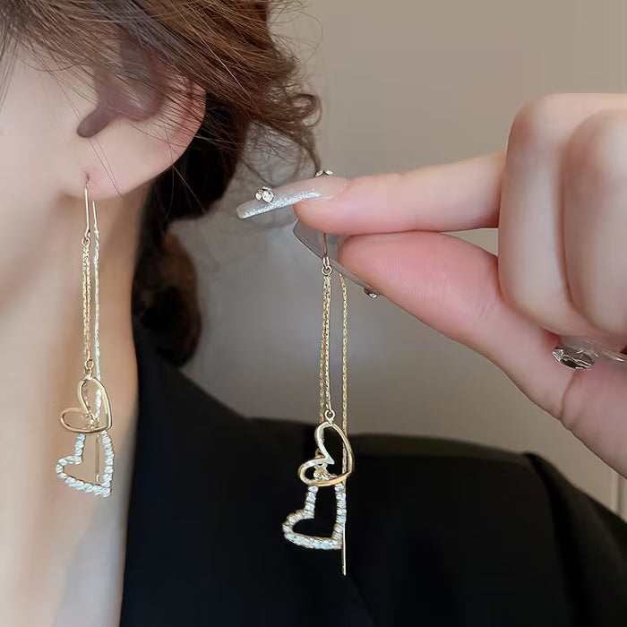 1 Par de Pendientes de Colgante de Corazón Dobles, Diseño Colgante Largo para Fiestas