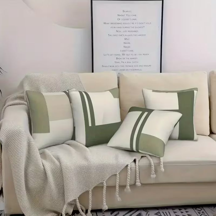 Juego de 4 Fundas de Almohada con Estampado Geométrico Bohemio - Verde y Beige