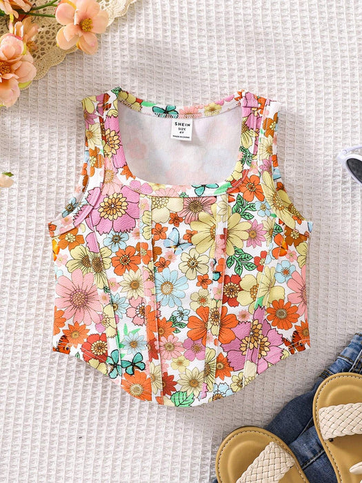 SHEIN Little Byeori Blusa informal holgada, de punto, con cuello redondo, estampado floral y dobladillo asimétrico