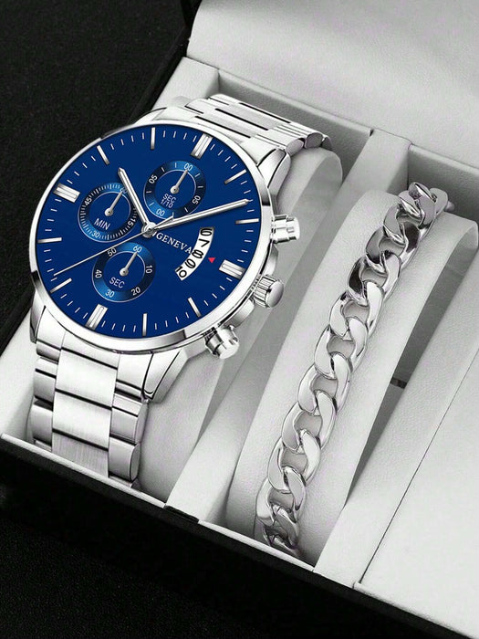Shein Juego de 2 relojes de pulsera de cuarzo plateados para hombre con calendario, estilo casual de negocios