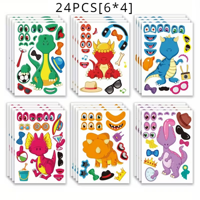 24uds Stickers Creativos de Expresiones Faciales de Dinosaurios de Dibujos Animados
