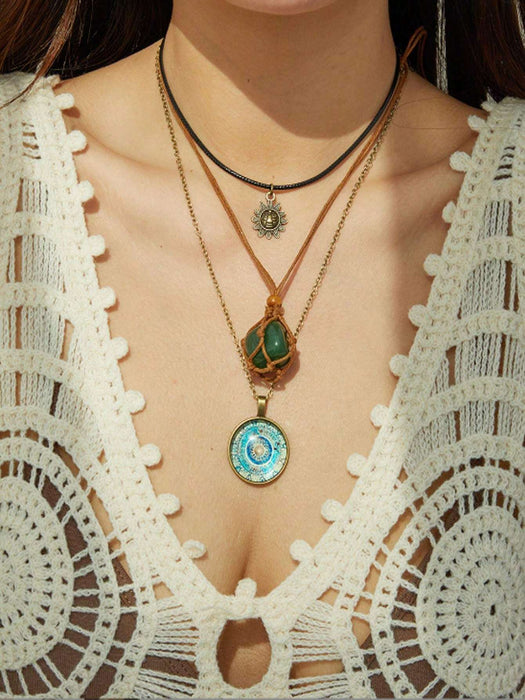 Shein Conjunto de 3 collares ajustables de estilo gótico vintage con colgante de piedra con forma de sol