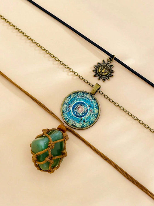 Shein Conjunto de 3 collares ajustables de estilo gótico vintage con colgante de piedra con forma de sol